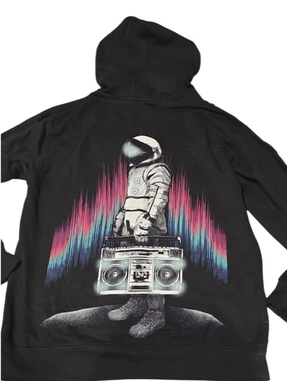 Unisex Adult Small Astronaut Graphic Black Hoodie with Neon Boom Box 80s Vibe
